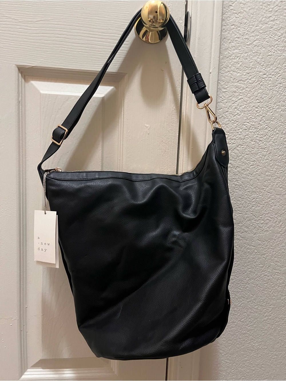 a new day Black Faux Leather Shoulder Hobo Bag with Gold Hardware